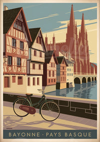 Illustration rétro – Vue pittoresque de Bayonne et vélo