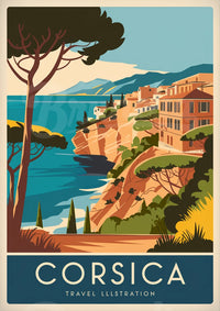 Affiche Côte de Corse architecture méditerranéenne style rétro