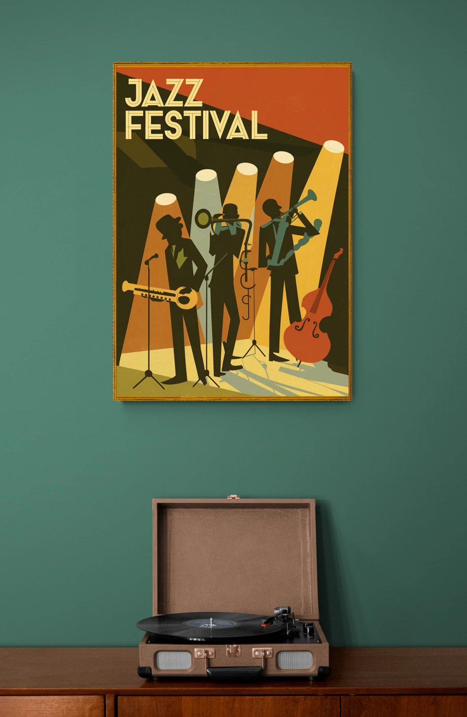 Mise en situation de Affiche Festival trompette saxo contrebasse spots Jazz