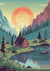 Affiche lac montagne au coucher de soleil pixelisé