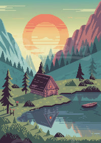 Affiche lac montagne au coucher de soleil pixelisé