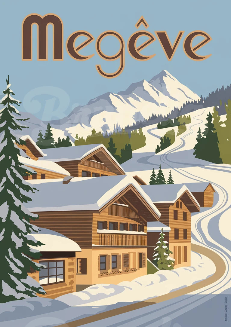 Affiche Megève chalets bois enneigés sapins sommet