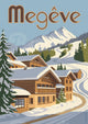 Affiche Megève chalets bois enneigés sapins sommet