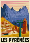 Affiche rétro des Pyrénées avec téléphérique et villages