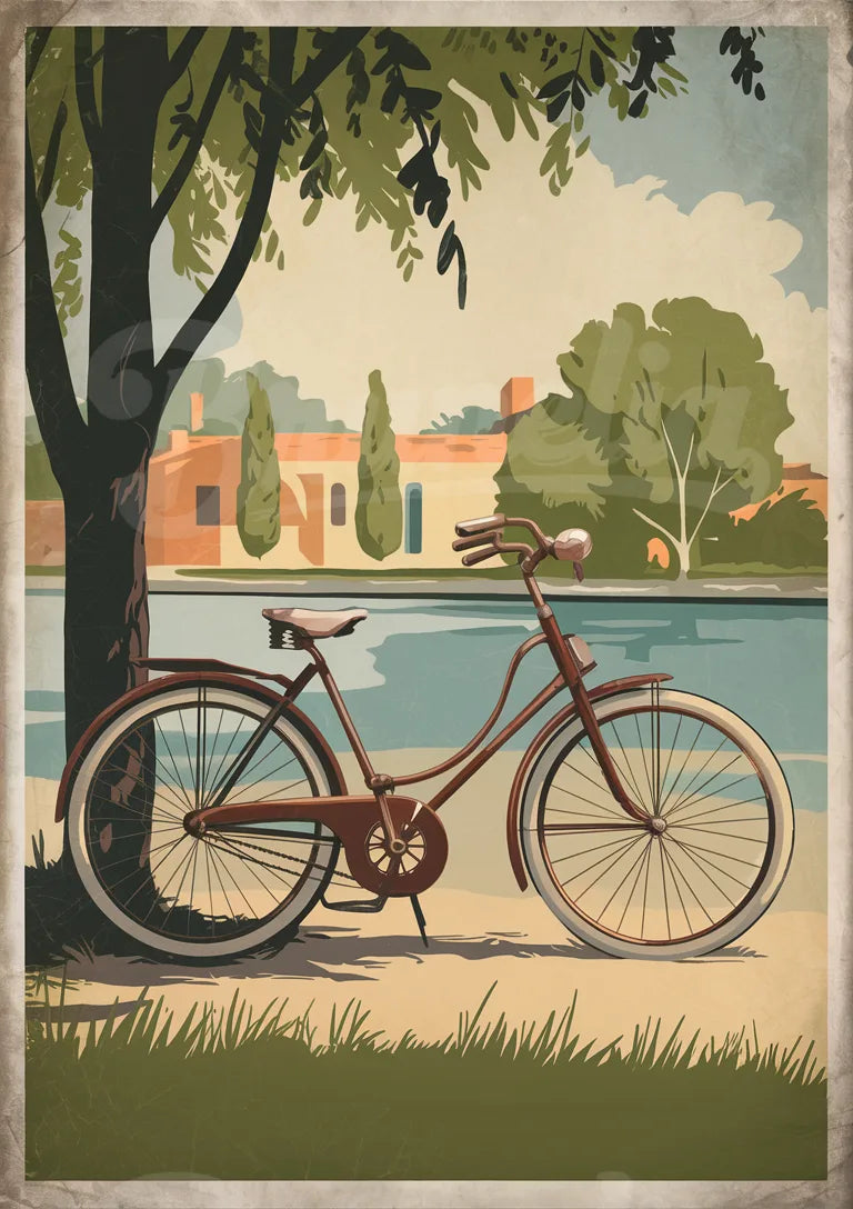 Affiche cycliste bord de rivière style Art déco rétro