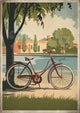 Affiche cycliste bord de rivière style Art déco rétro