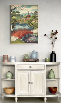 Affiche jardin japonais pont rouge et pagode