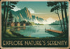 Affiche lac montagne avec cabines jaunes style Art Déco