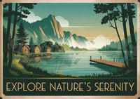 Affiche lac montagne avec cabines jaunes style Art Déco