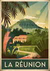 Affiche Île tropicale maison coloniale volcan La Réunion
