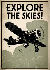 Affiche aviation rétro Explore The Skies biplan