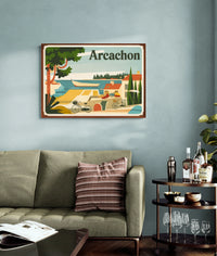 Affiche Style Art Déco avec huttes et voiliers Arcachon