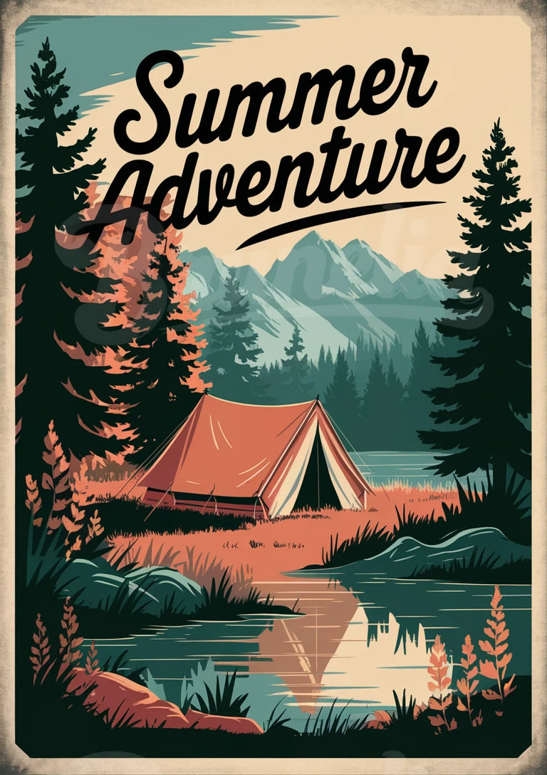 Affiche camping en forêt style rétro années 1950