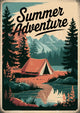 Affiche camping en forêt style rétro années 1950