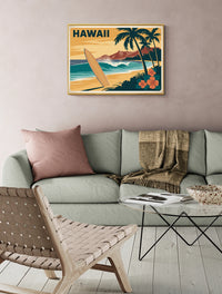 Affiche Hawaii planche de surf hibiscus palmiers vague