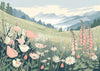 Affiche paysage de montagne avec champ fleuri
