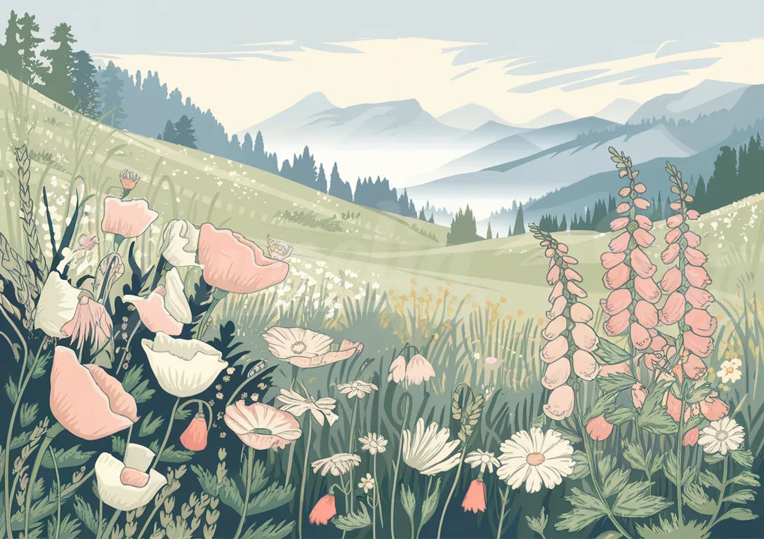 Affiche paysage de montagne avec champ fleuri