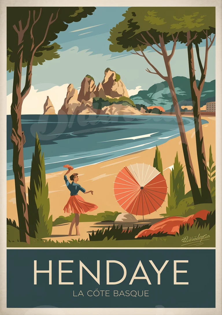Affiche Hendaye femme ombrelle rouge plage basque