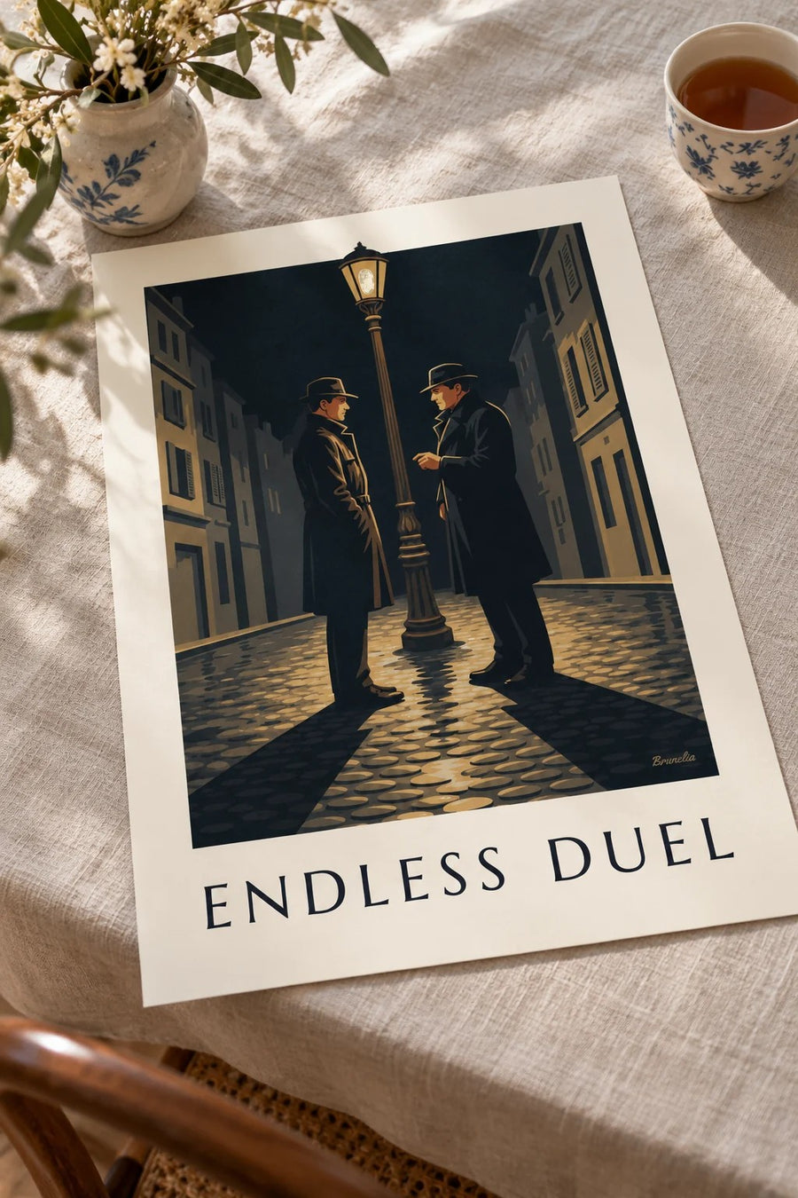 Affiche duel de film noir sous un réverbère, nuit de pluie : posée sur une table