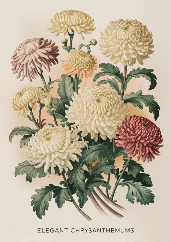 Affiche vintage chrysanthèmes raffinés