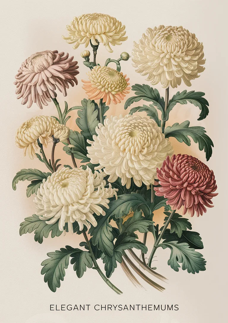 Affiche chrysanthèmes illustration botanique vintage