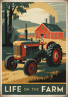 Affiche rétro tracteur agricole devant ferme rouge
