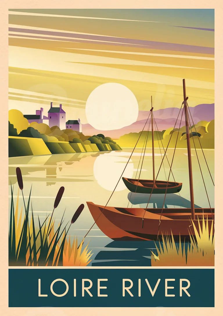 Affiche Loire River bateau voilier coucher soleil
