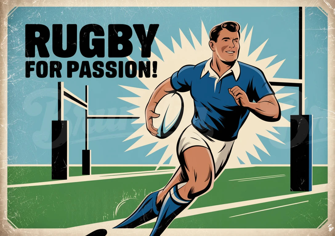 Affiche du rugbyman passionné style rétro années 1950
