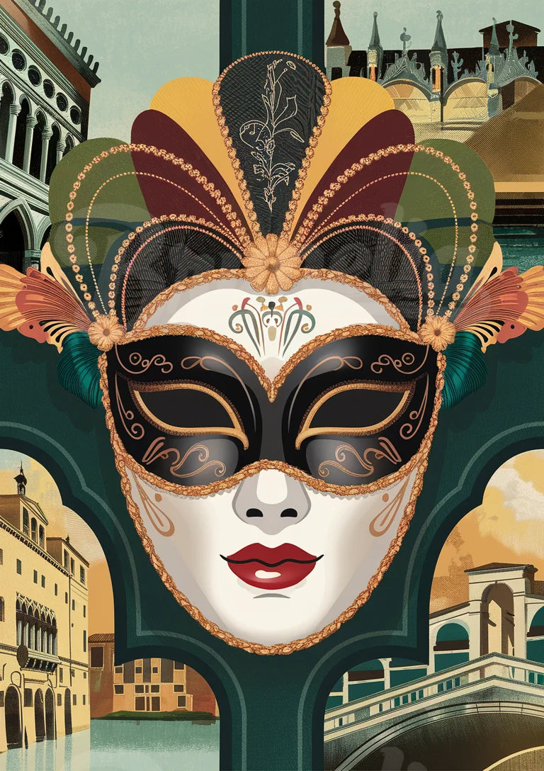 Affiche masque carnaval vénitien style Art Déco