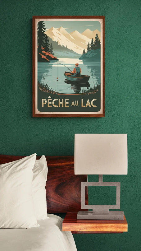 Affiche pêche au bord du lac rétro