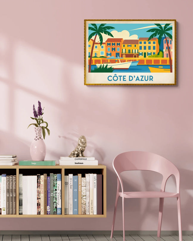 Affiche vintage maisons colorées Côte d’Azur