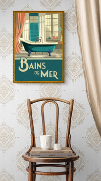Affiche rétro baignoire turquoise et robinetterie