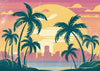 Affiche crépuscule tropical palmiers et skyline