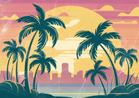 Affiche crépuscule tropical palmiers et skyline