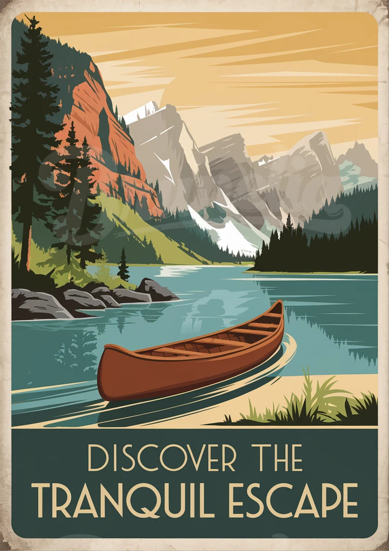 Affiche Canoe Lac Alpin Montagnes Enneigées Vintage