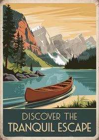 Illustration vintage – Canoë au bord d'un lac paisible