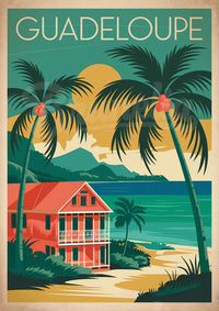 Affiche Guadeloupe maison créole rose cocotiers turquoise