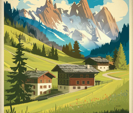 Affiche vintage pâturages et chalets d’alpage