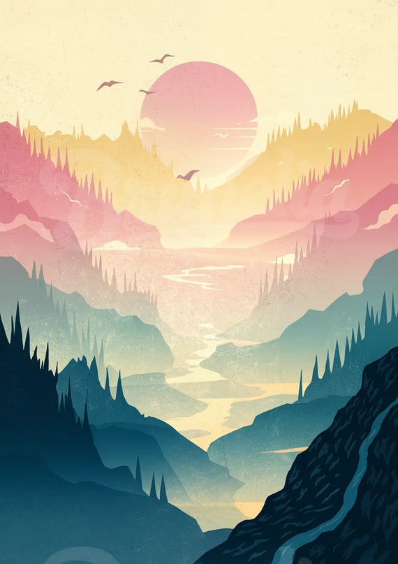 affiche coucher de soleil en montagne rétro