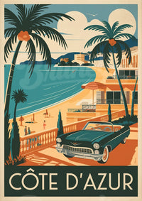 Affiche Côte d'Azur décapotable et architecture balnéaire