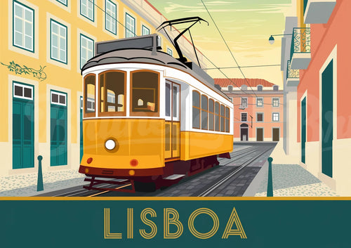 Affiche Tramway jaune vintage Lisbonne