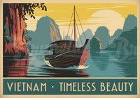 Affiche Vietnam paysage baie avec jonque traditionnelle