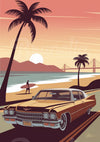 Affiche rétro Californie décapotable et coucher de soleil