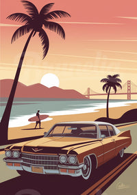 Affiche rétro – Surfeur et voiture classique au bord de l'océan