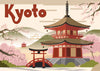 Affiche Kyoto temple japonais et cerisiers en fleurs