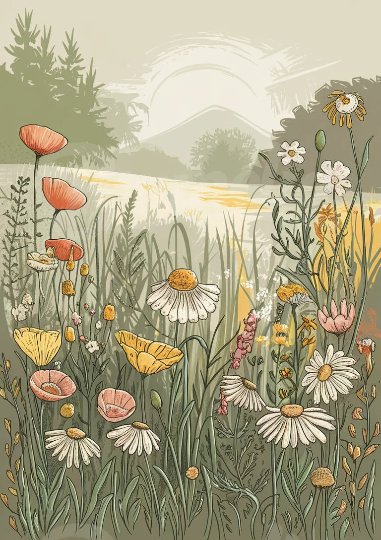 Affiche prairie fleurie et paysage champêtre