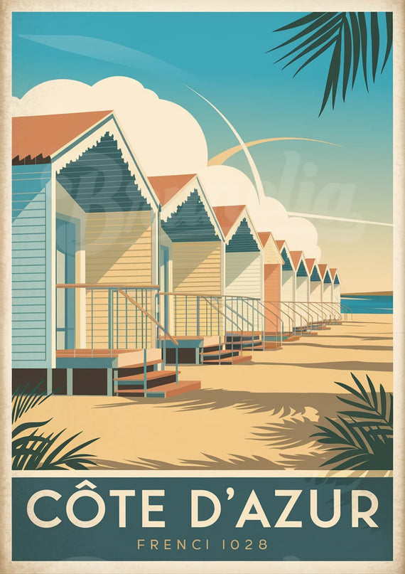 Affiche vintage cabines de plage Côte d’Azur
