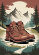 Affiche bottes de randonnée dans la forêt de montagne