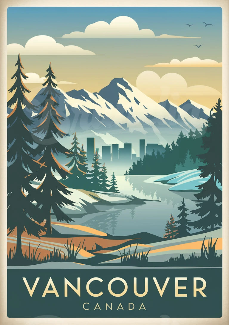 Affiche Vancouver lac montagne forêt style rétro