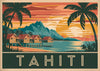 Affiche Tahiti bungalows lagon coucher de soleil rétro